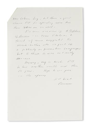 MCCARTHY, CORMAC. Autograph Letter Signed.